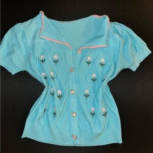 Blue Button-Up Cardigan with Floral Embroidery